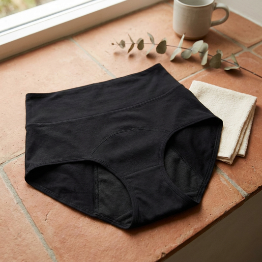Waschbarer Menstruations-Slip in Schwarz mit hoher Taille und verstärktem Schrittbereich auf Terrakotta-Fliesen