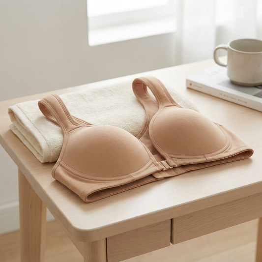 BH mit Vorderverschluss in Beige mit breiten Trägern, auf einem hellen Holztisch neben einem gefalteten Handtuch
