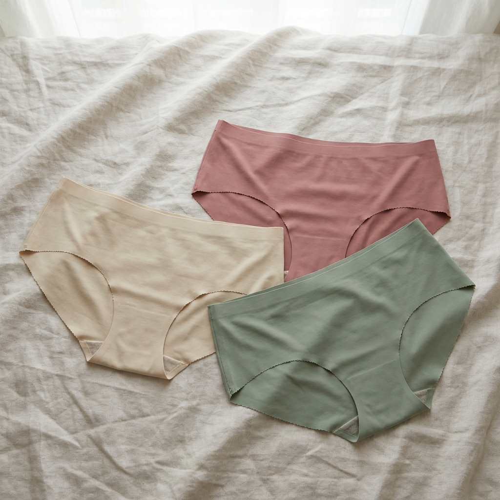 Drei nahtlose Hipster in Beige, Altrosa und Salbeigrün auf hellem Leinenstoff