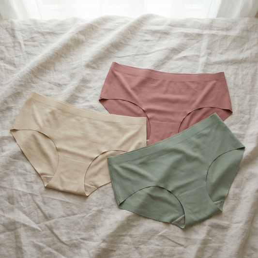 Drei nahtlose Hipster in Beige, Altrosa und Salbeigrün auf hellem Leinenstoff