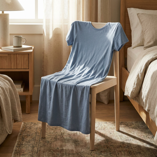 Nachthemd aus Baumwoll-Jersey in Blaugrau mit kurzem Arm, über einem Holzstuhl im Schlafzimmer